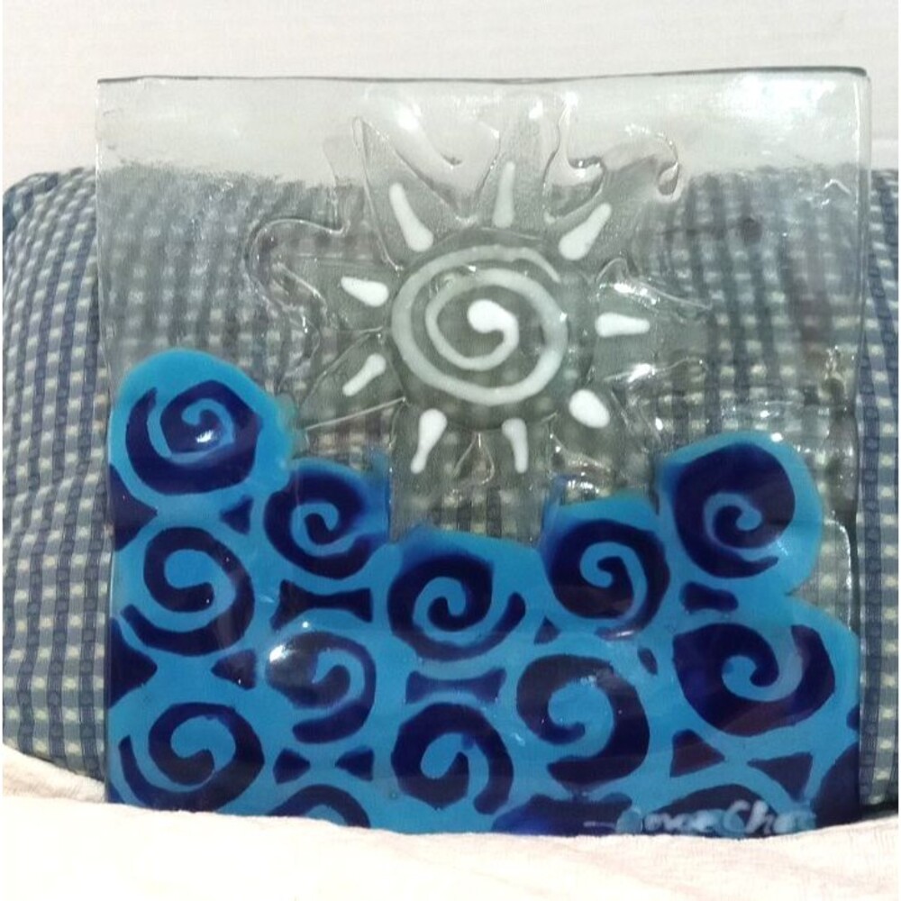 Artisan Fused Glass Plate Sun Waves Square Plate 8' X 8'' Decorative Beach Sea